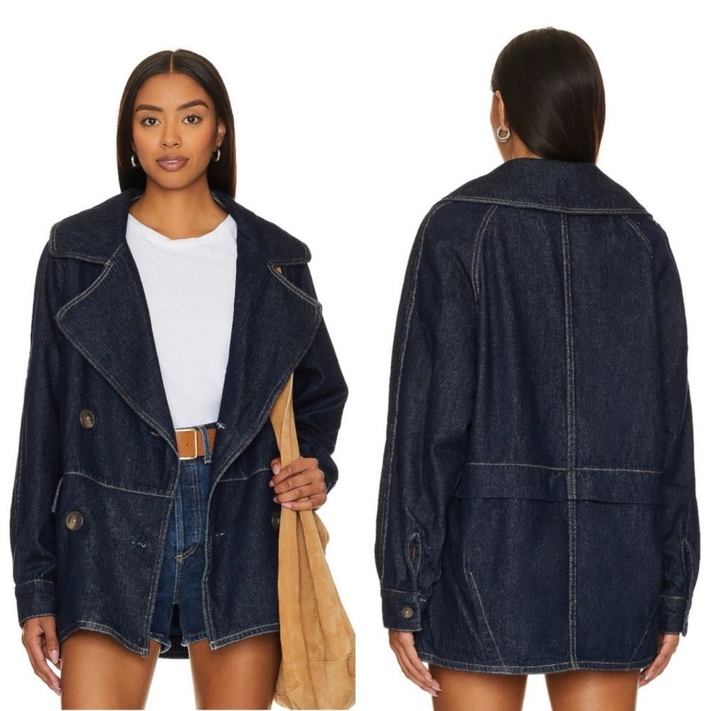 Free People Denim Car Coat L Contrast Stitch Big Buttons Slouchy preppy boho